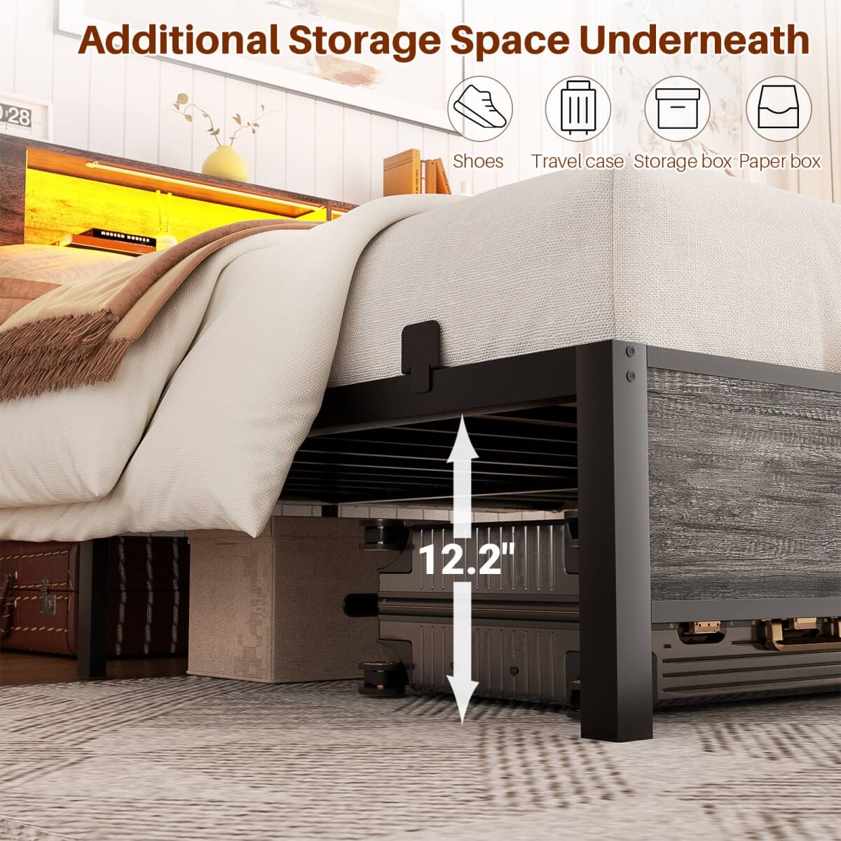 Queen Size Bed Frame with Storage Headboard, Built in Charging Station and LED Lights, 800 lbs Capacity