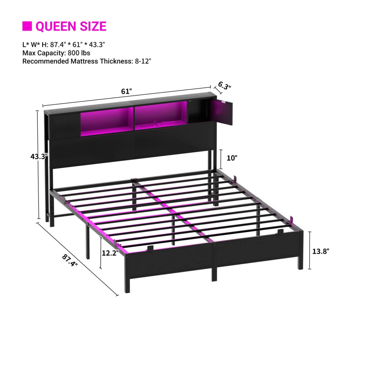 Queen Size Bed Frame with Storage Headboard, Built in Charging Station and LED Lights, 800 lbs Capacity