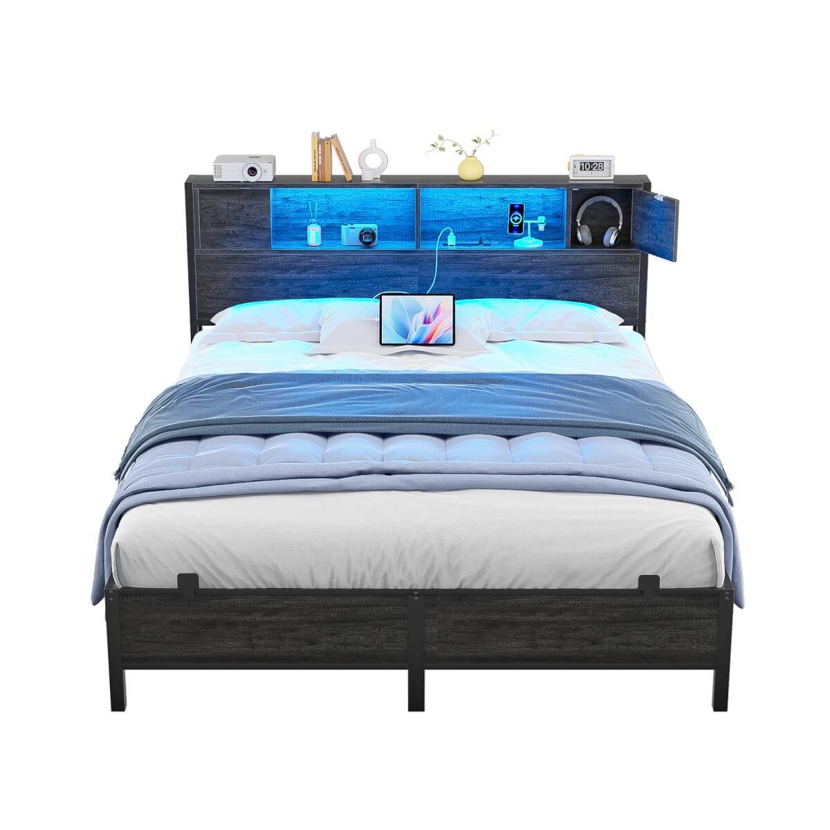 Queen Size Bed Frame with Storage Headboard, Built in Charging Station and LED Lights, 800 lbs Capacity