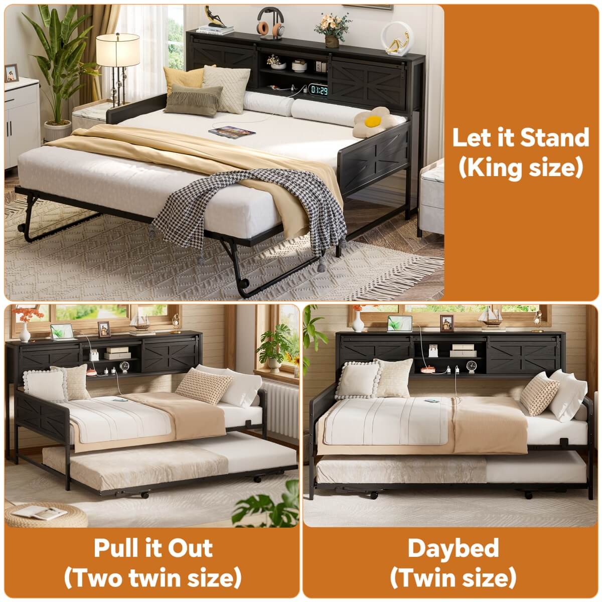 Farmhouse Style Twin Size Daybed with Pop-up Trundle & Storage Headboard, Built in Power Outlets
