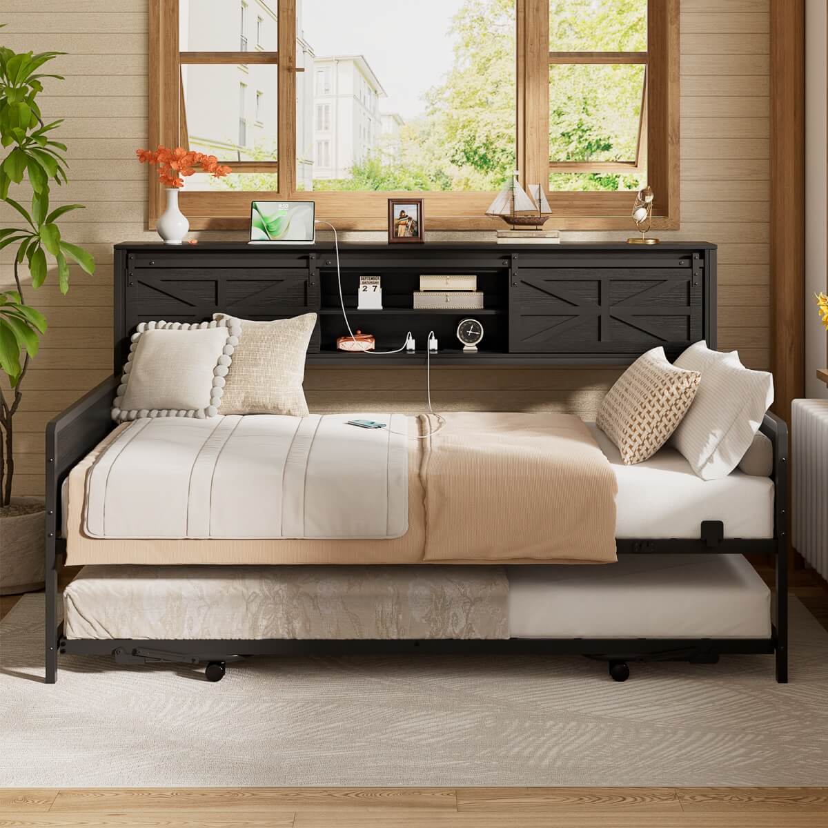 Farmhouse Style Twin Size Daybed with Pop-up Trundle & Storage Headboard, Built in Power Outlets