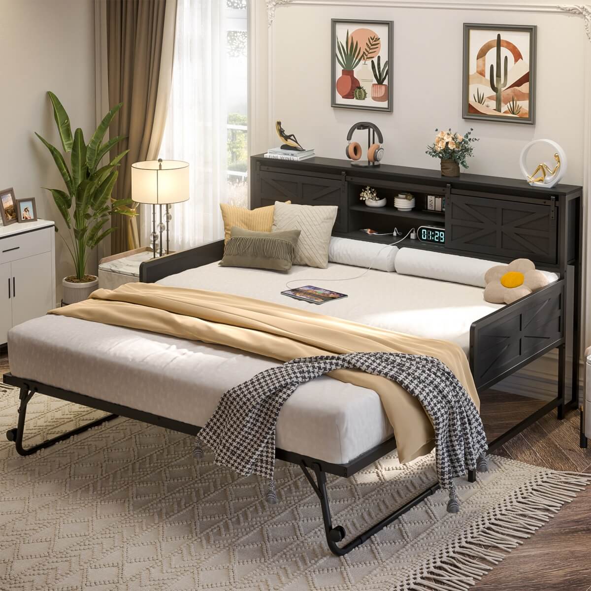Farmhouse Style Twin Size Daybed with Pop-up Trundle & Storage Headboard, Built in Power Outlets