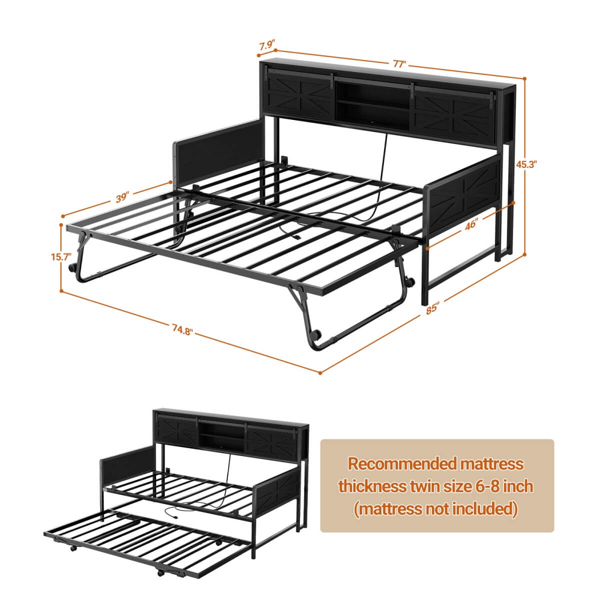 Farmhouse Style Twin Size Daybed with Pop-up Trundle & Storage Headboard, Built in Power Outlets