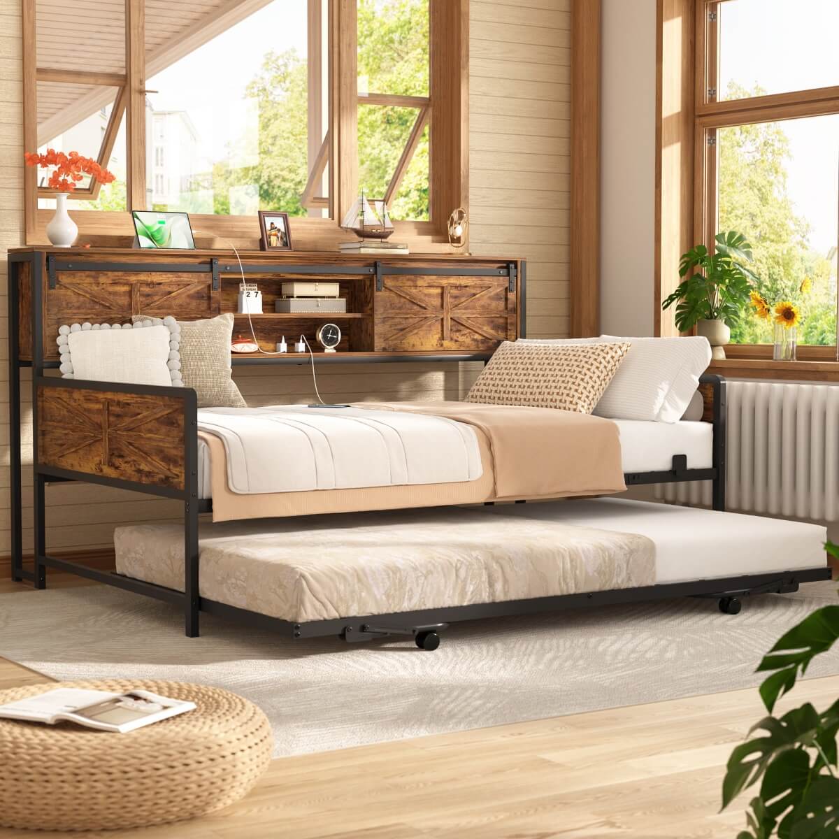 Farmhouse Style Twin Size Daybed with Pop-up Trundle & Storage Headboard, Built in Power Outlets