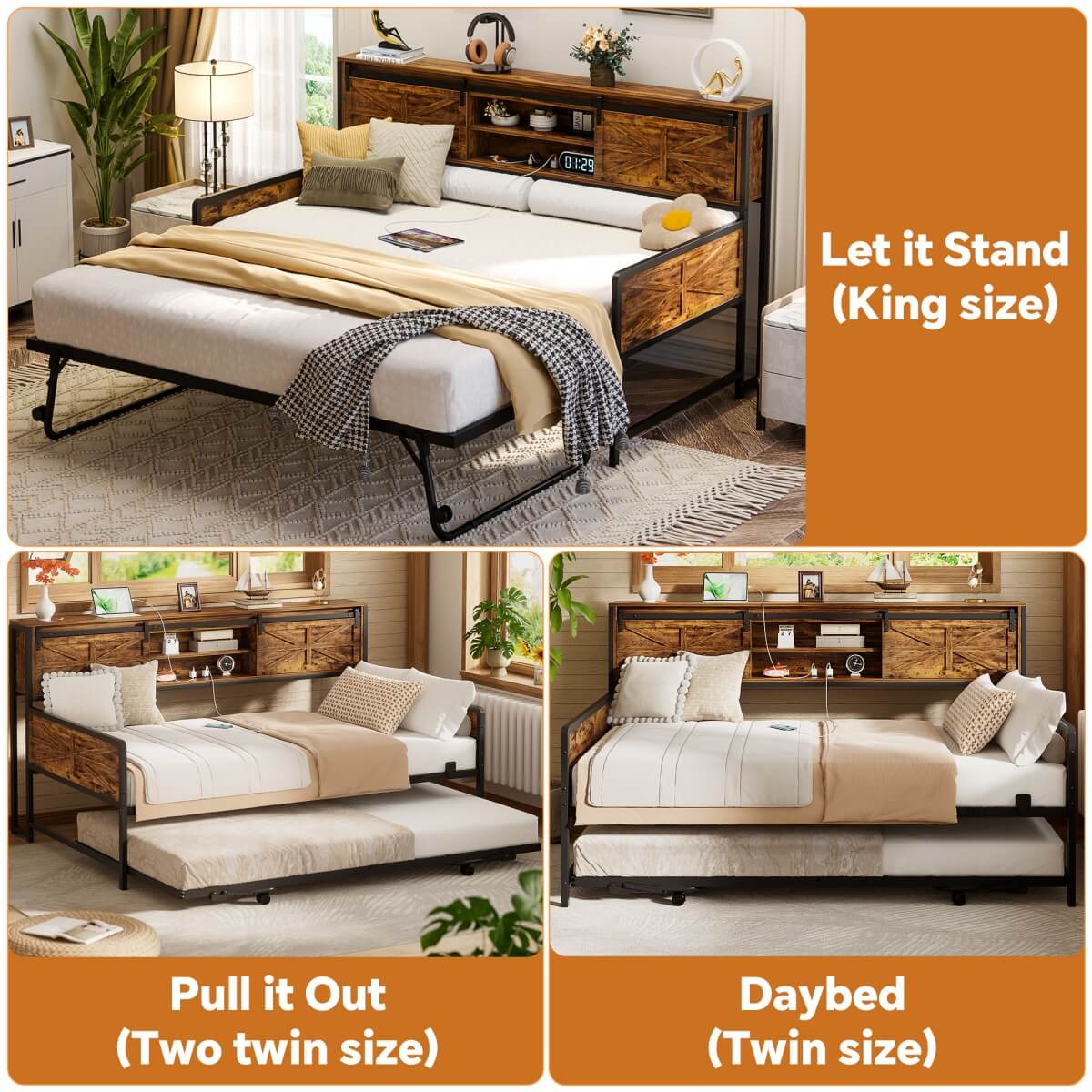 Farmhouse Style Twin Size Daybed with Pop-up Trundle & Storage Headboard, Built in Power Outlets
