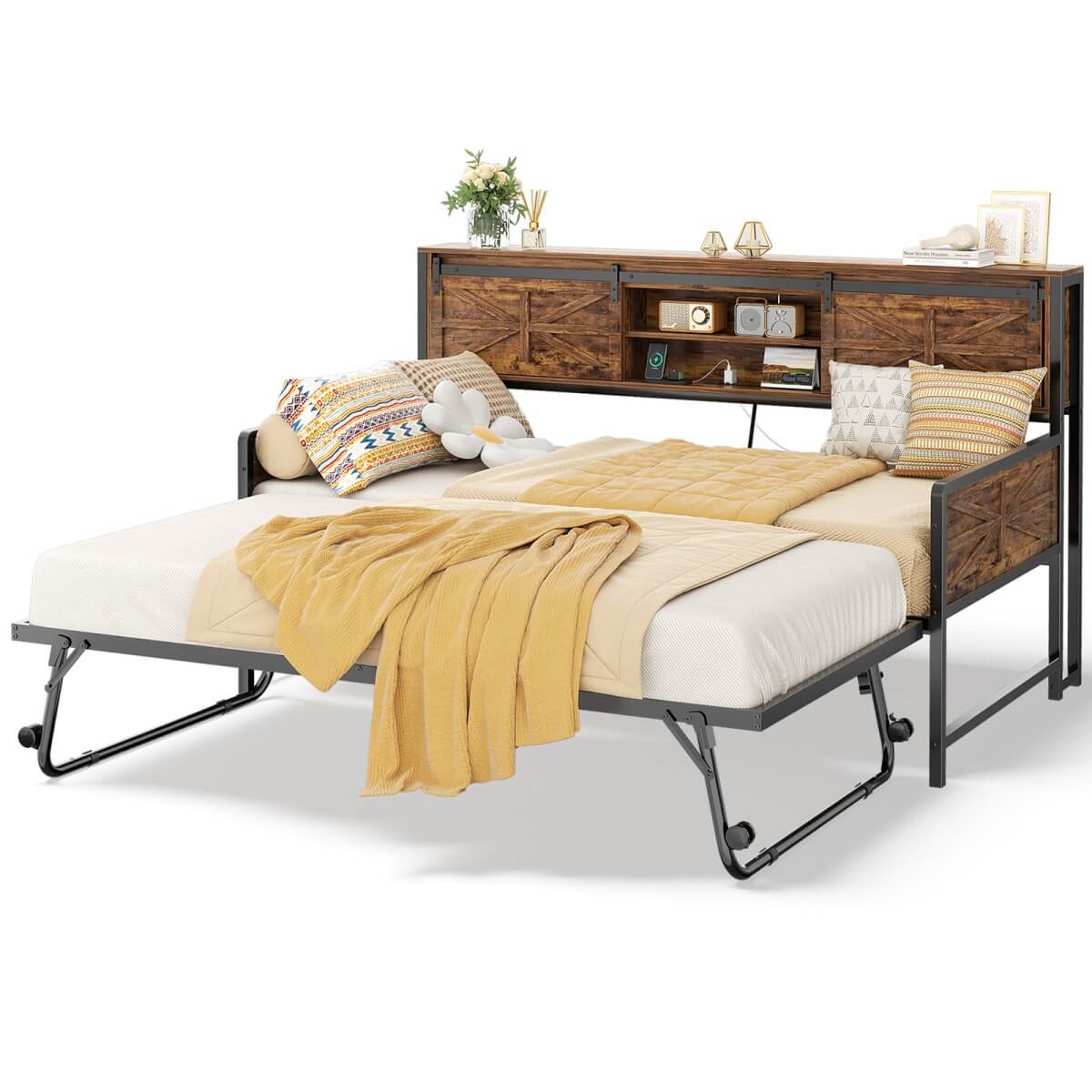 Farmhouse Style Twin Size Daybed with Pop-up Trundle & Storage Headboard, Built in Power Outlets