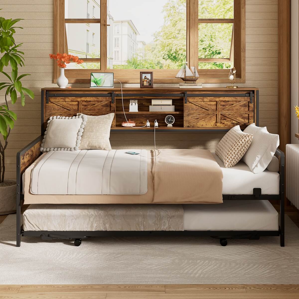 Farmhouse Style Twin Size Daybed with Pop-up Trundle & Storage Headboard, Built in Power Outlets