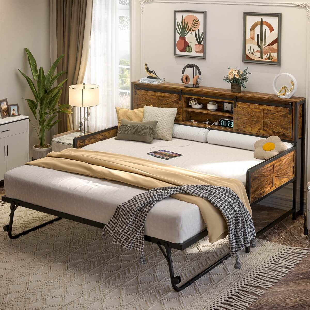 Farmhouse Style Twin Size Daybed with Pop-up Trundle & Storage Headboard, Built in Power Outlets
