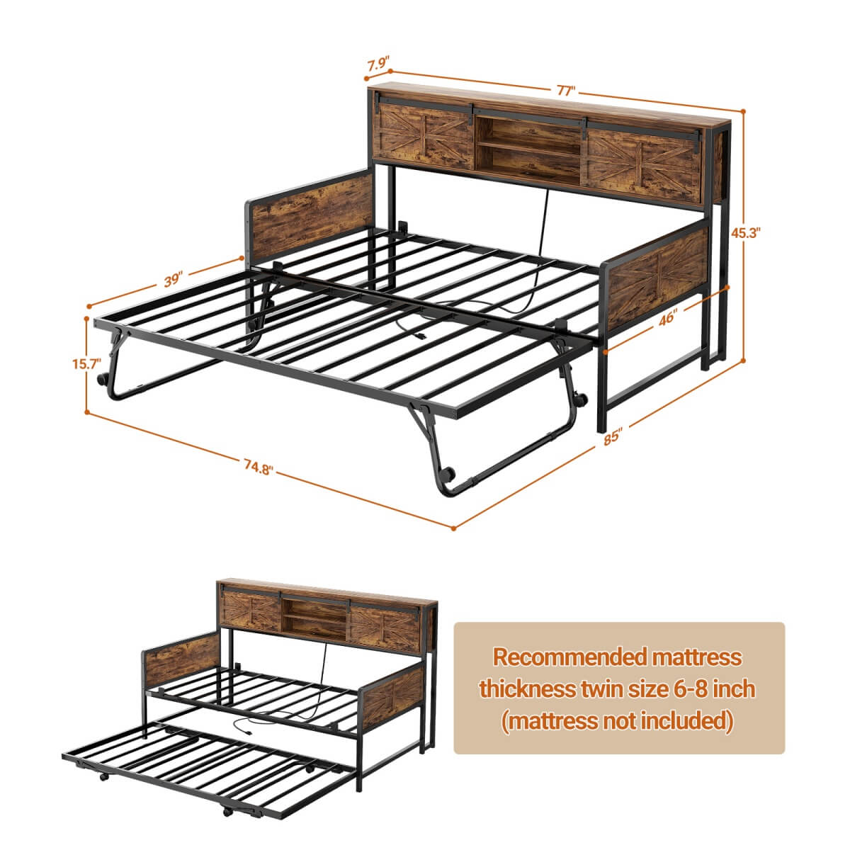 Farmhouse Style Twin Size Daybed with Pop-up Trundle & Storage Headboard, Built in Power Outlets