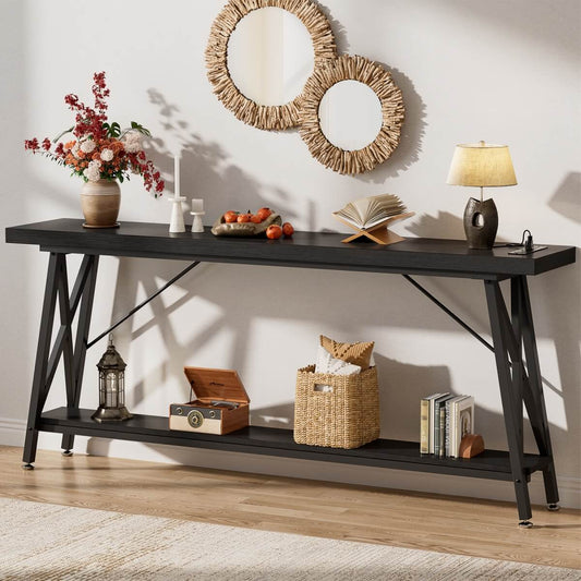 70.9'' Industrial Extra Long Console Table with Charging Station & Storage Shelf