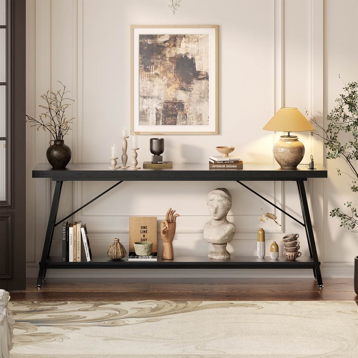 70.9'' Industrial Extra Long Console Table with Charging Station & Storage Shelf