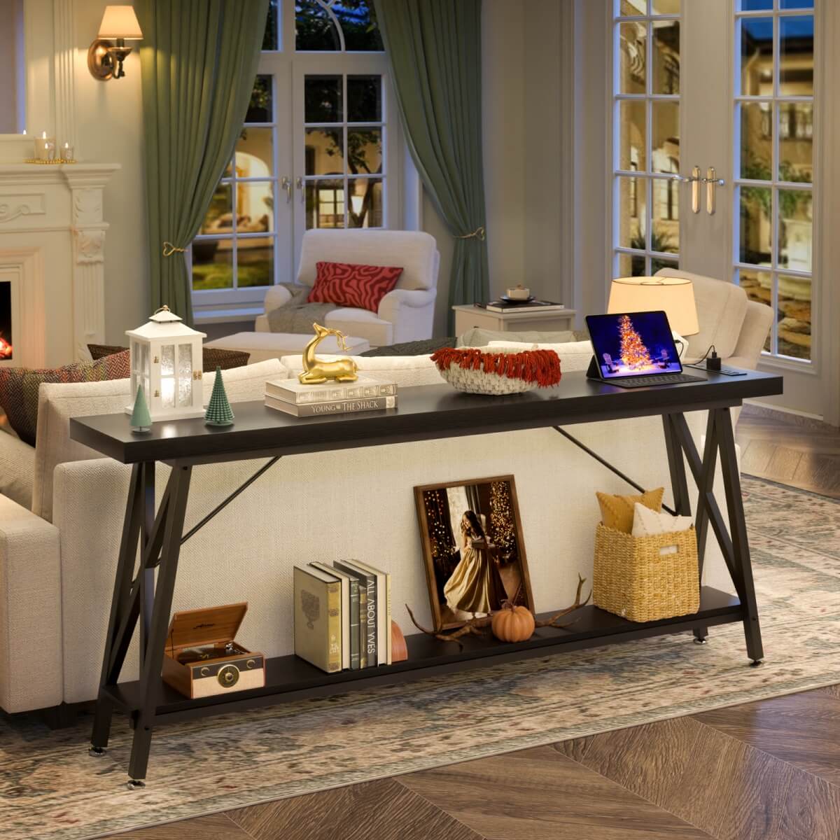 70.9'' Industrial Extra Long Console Table with Charging Station & Storage Shelf
