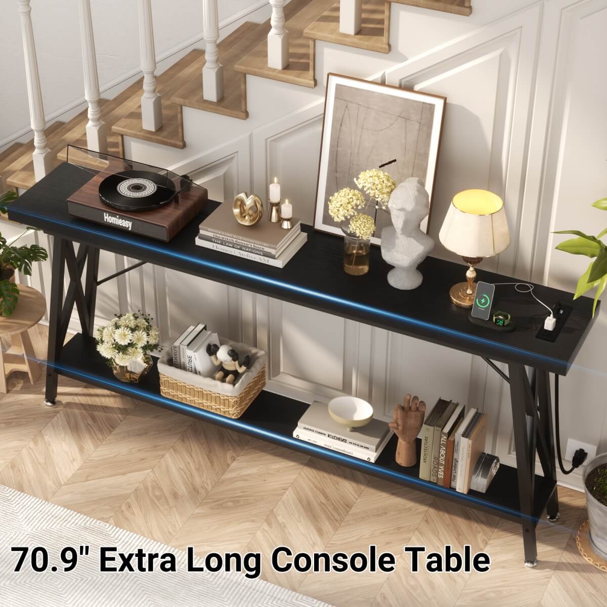 70.9'' Industrial Extra Long Console Table with Charging Station & Storage Shelf