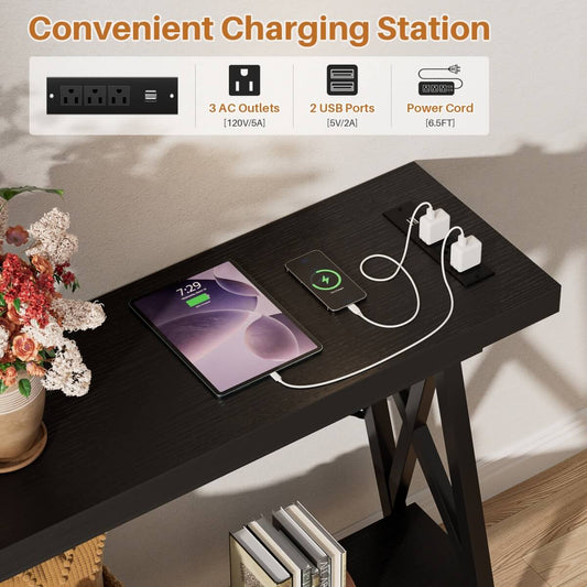 70.9'' Industrial Extra Long Console Table with Charging Station & Storage Shelf