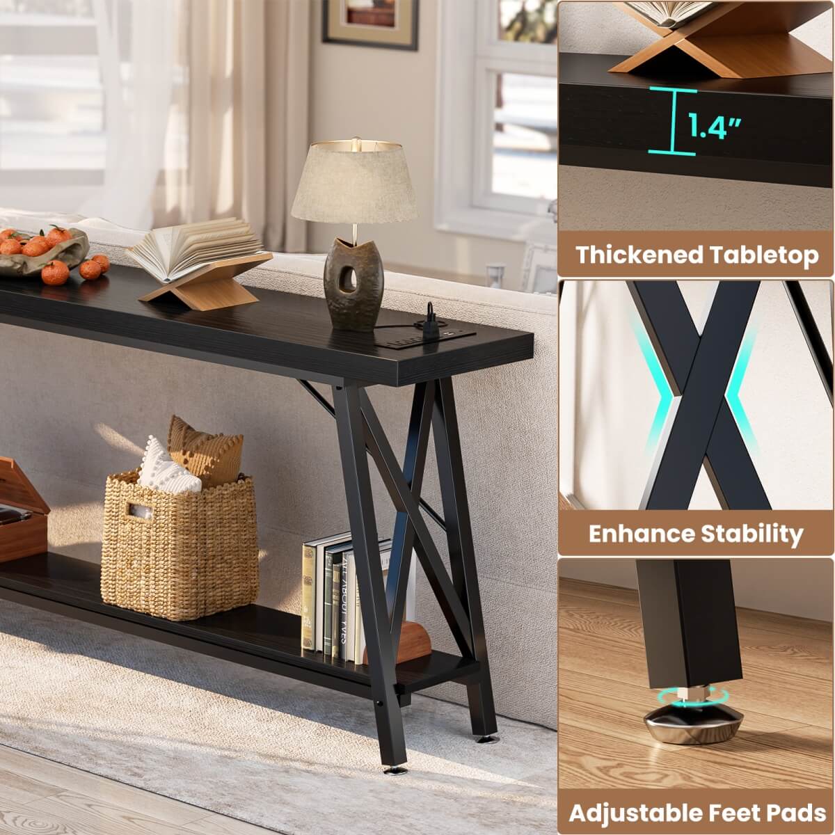 70.9'' Industrial Extra Long Console Table with Charging Station & Storage Shelf