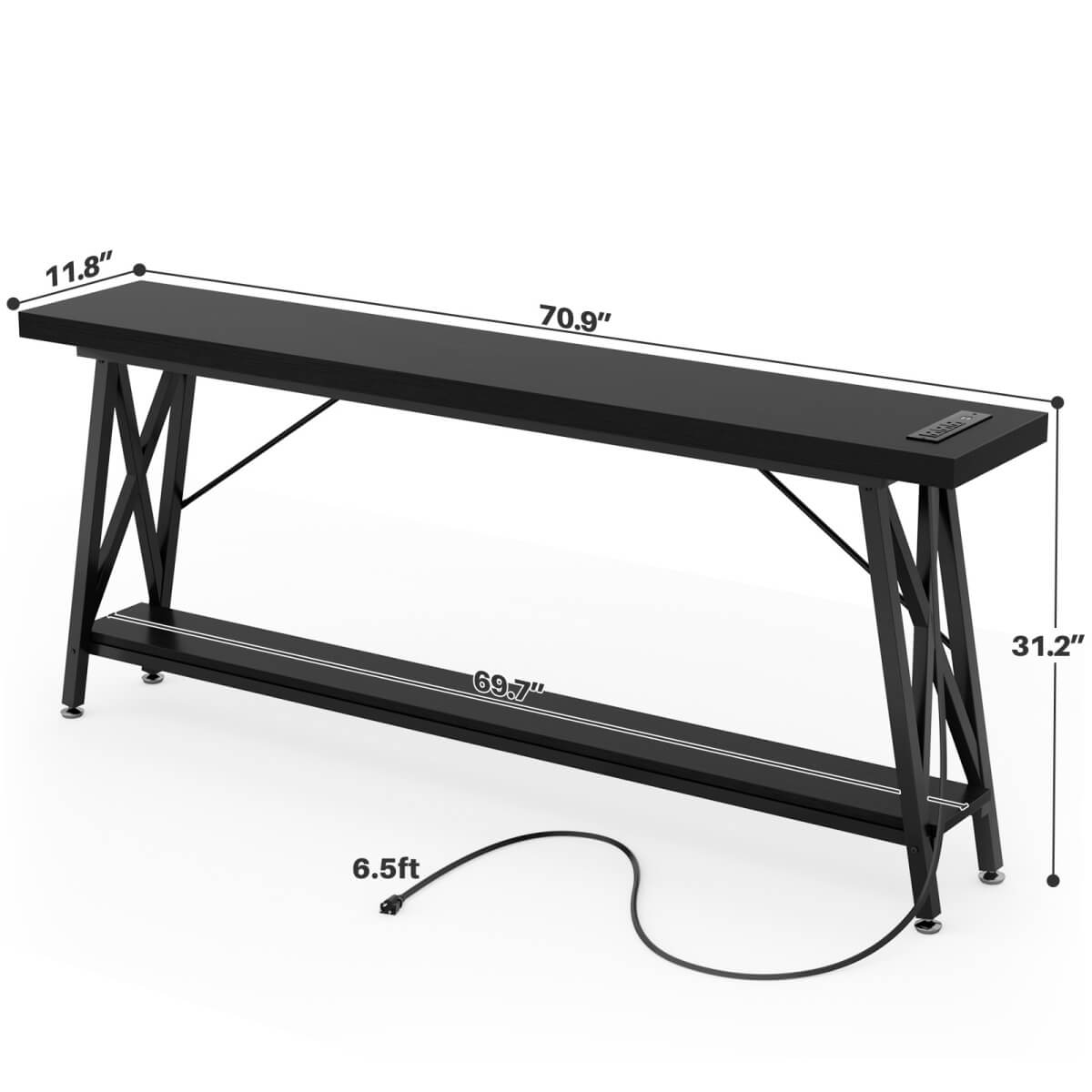 70.9'' Industrial Extra Long Console Table with Charging Station & Storage Shelf