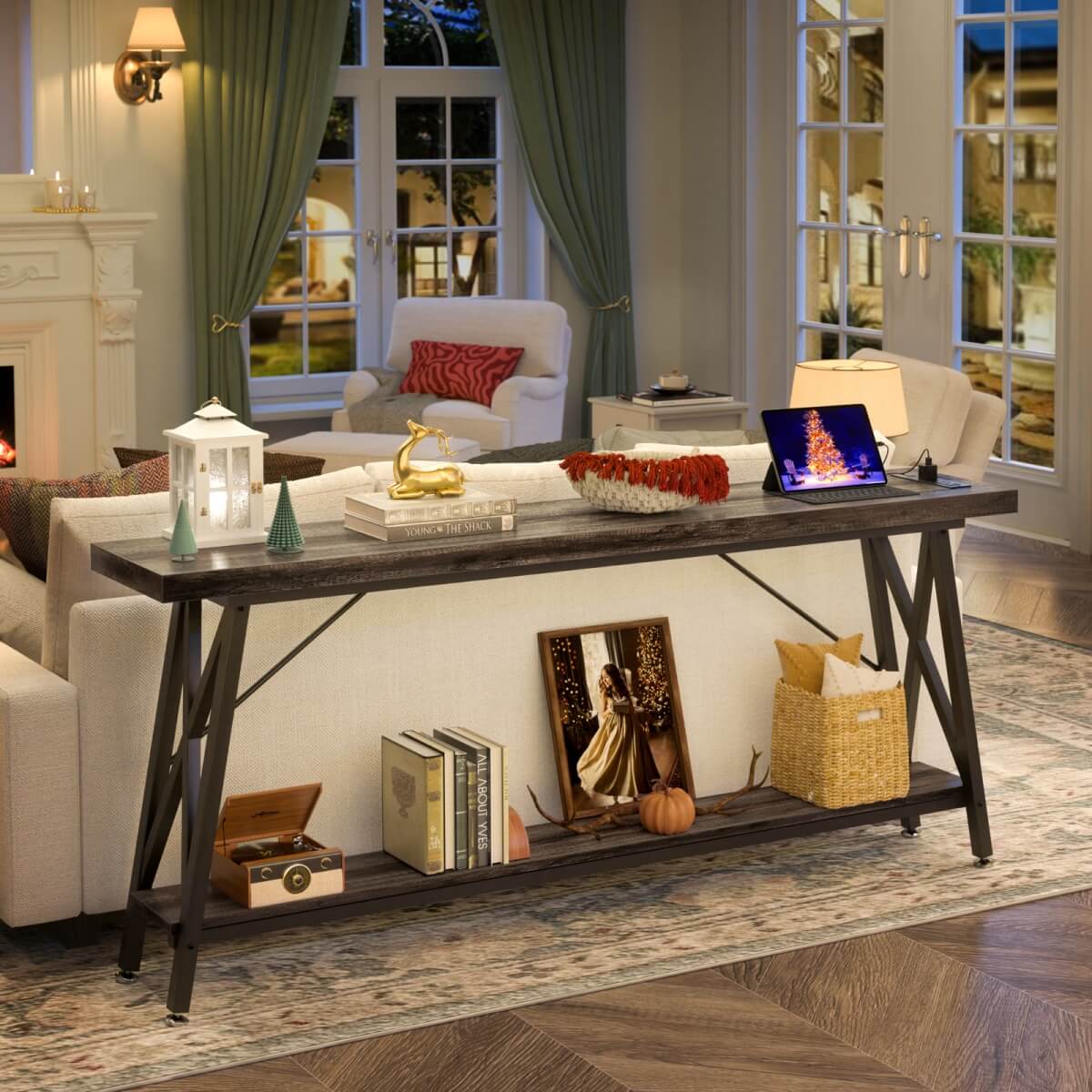 70.9'' Industrial Extra Long Console Table with Charging Station & Storage Shelf