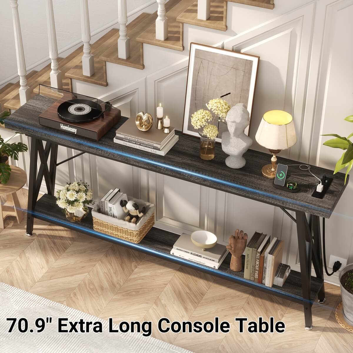 70.9'' Industrial Extra Long Console Table with Charging Station & Storage Shelf