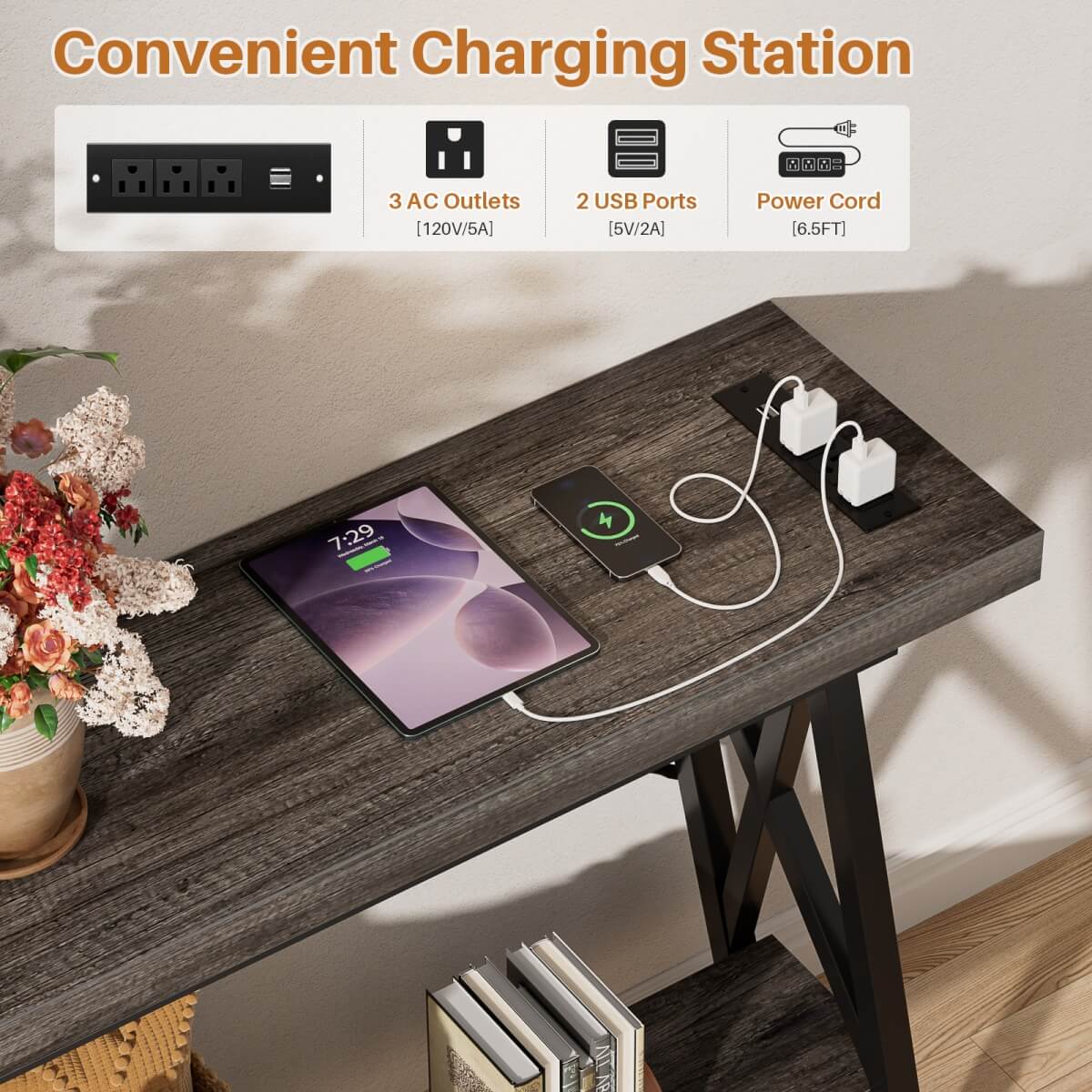 70.9'' Industrial Extra Long Console Table with Charging Station & Storage Shelf
