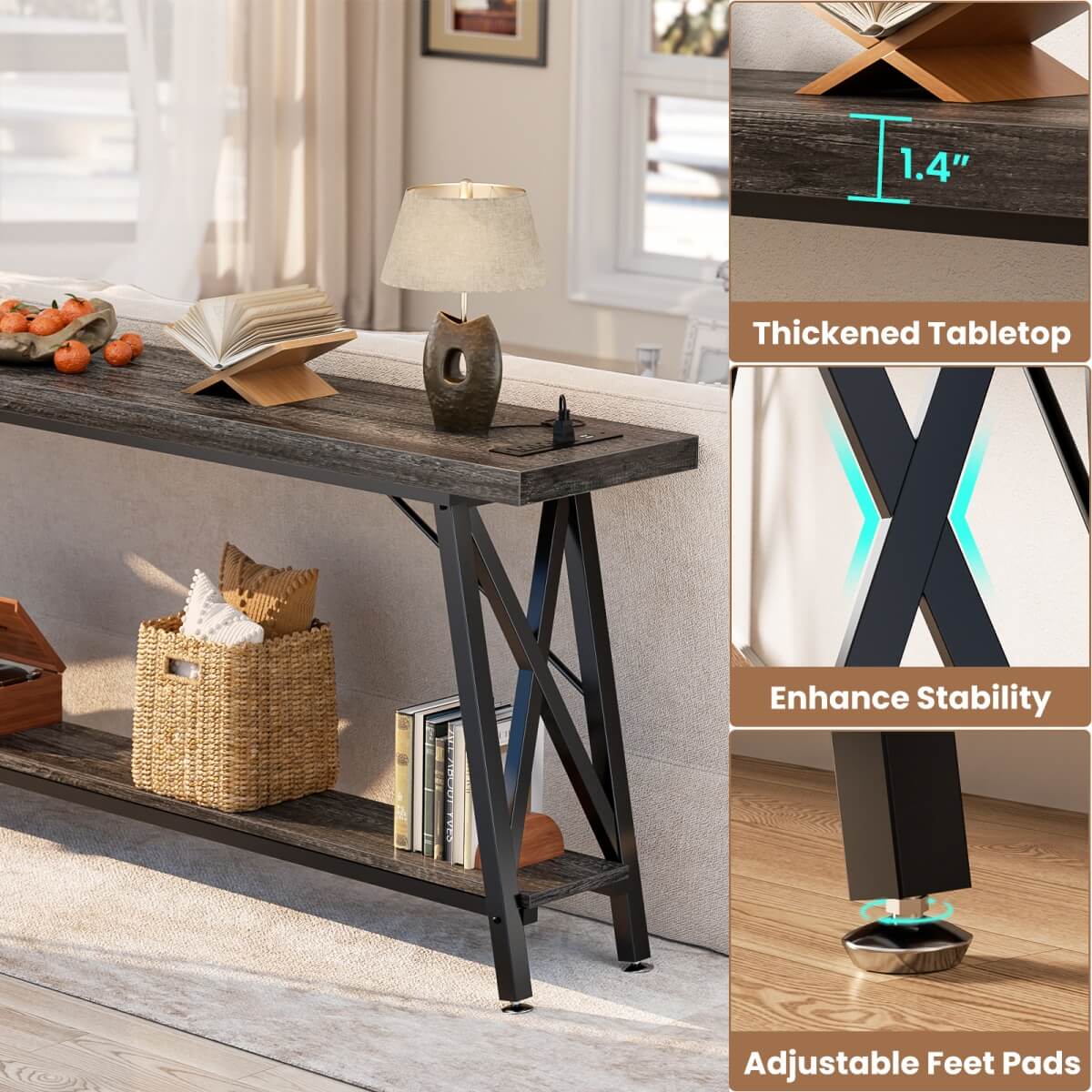 70.9'' Industrial Extra Long Console Table with Charging Station & Storage Shelf