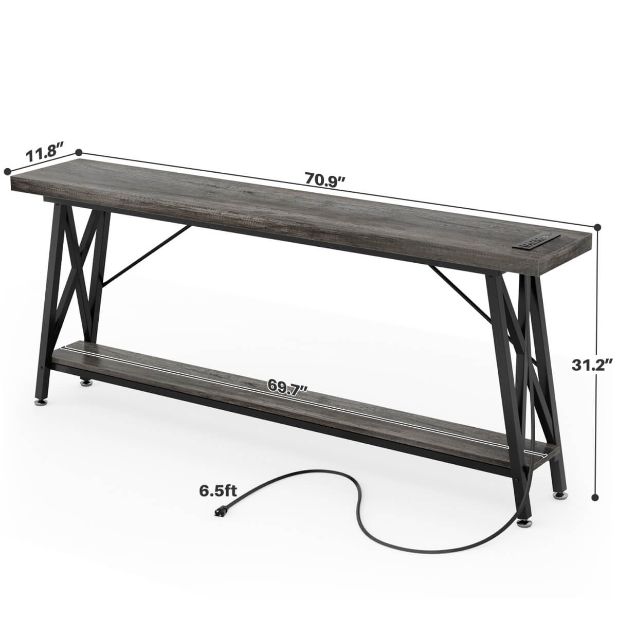 70.9'' Industrial Extra Long Console Table with Charging Station & Storage Shelf