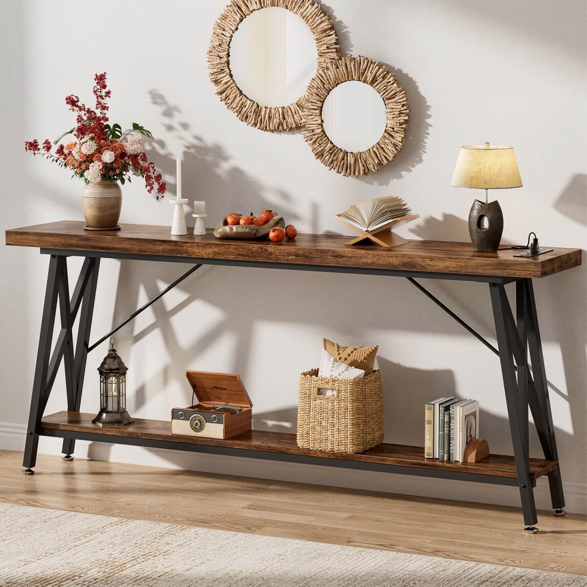 70.9'' Industrial Extra Long Console Table with Charging Station & Storage Shelf