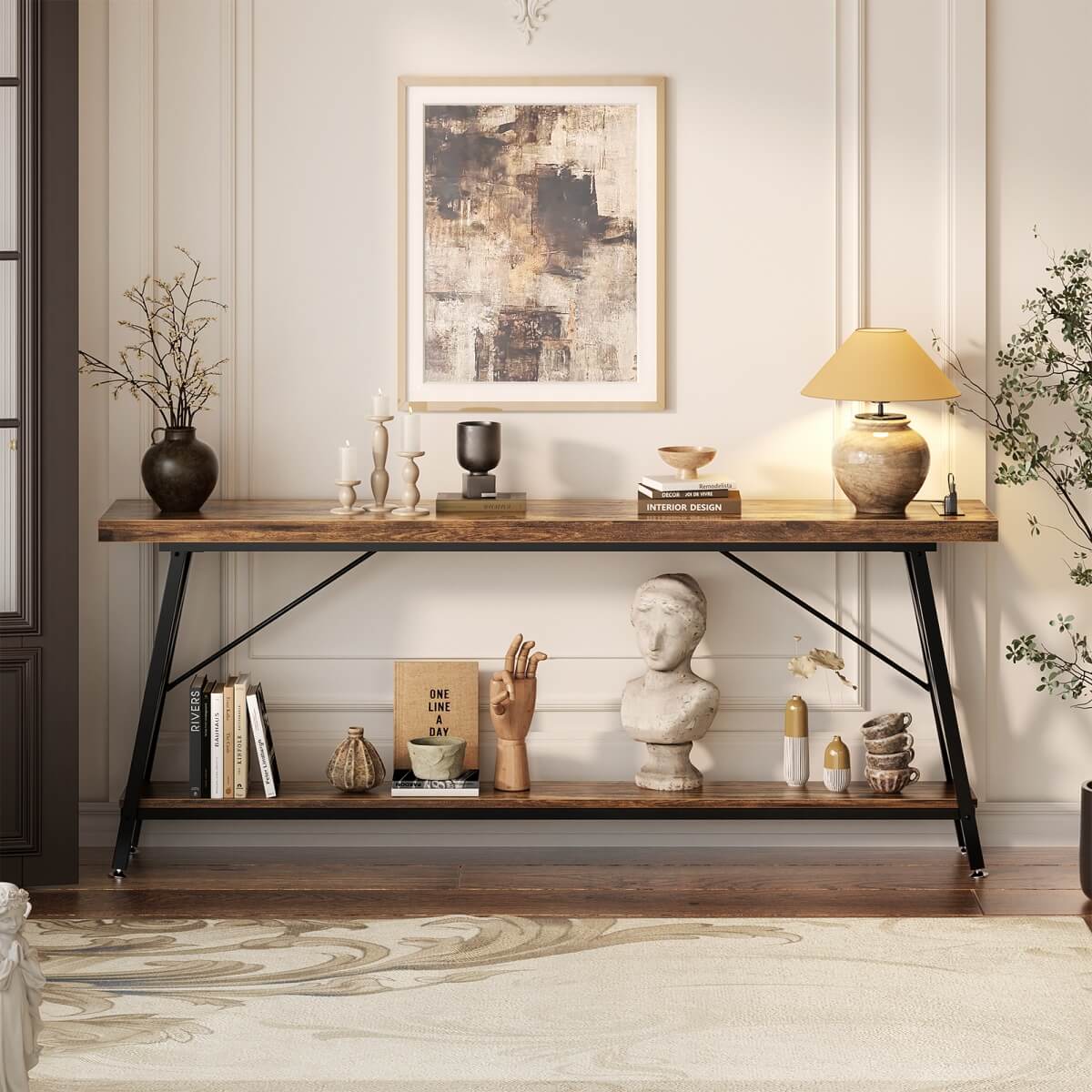 70.9'' Industrial Extra Long Console Table with Charging Station & Storage Shelf