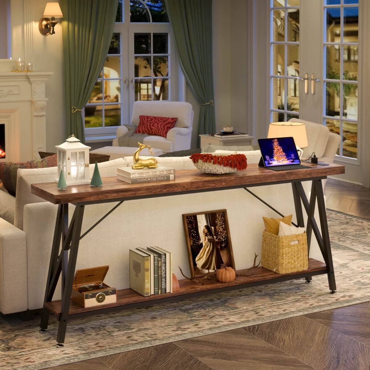 70.9'' Industrial Extra Long Console Table with Charging Station & Storage Shelf