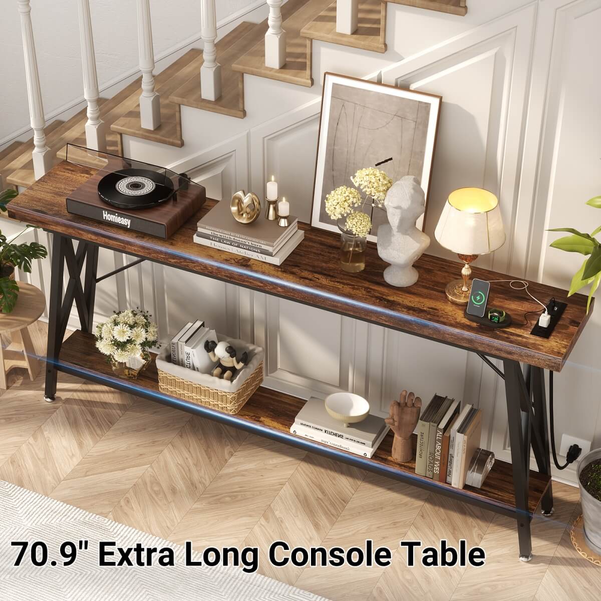 70.9'' Industrial Extra Long Console Table with Charging Station & Storage Shelf