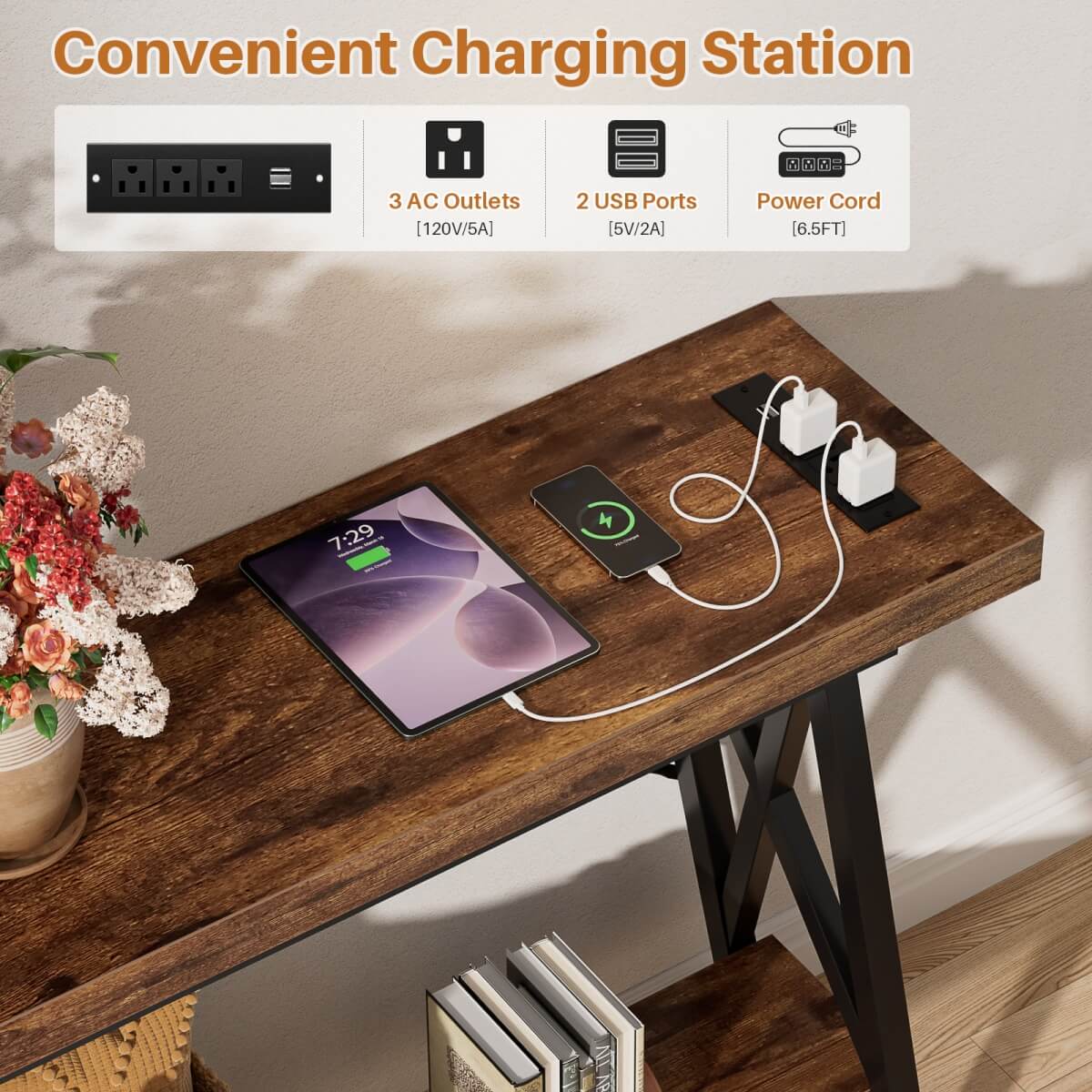 70.9'' Industrial Extra Long Console Table with Charging Station & Storage Shelf