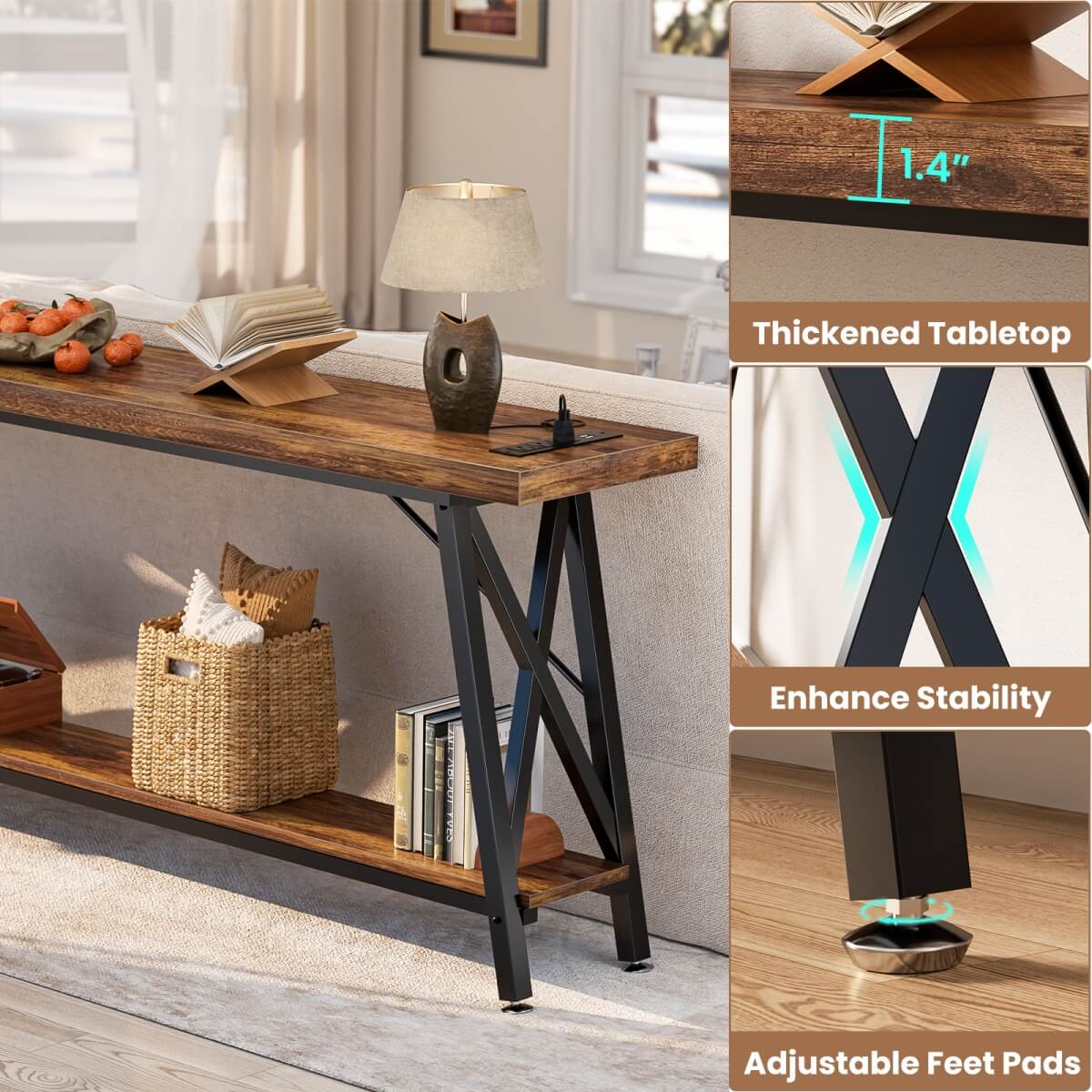 70.9'' Industrial Extra Long Console Table with Charging Station & Storage Shelf