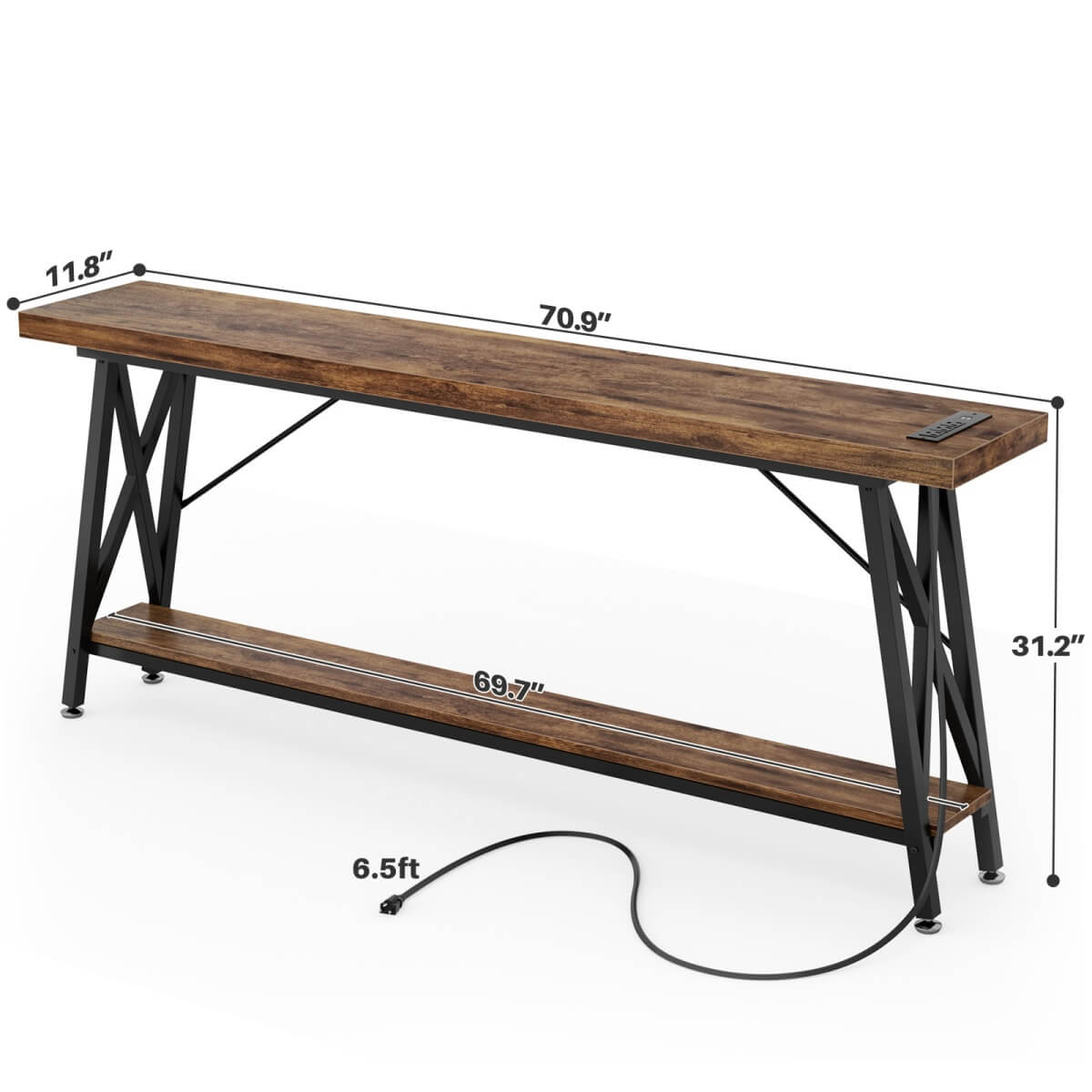 70.9'' Industrial Extra Long Console Table with Charging Station & Storage Shelf