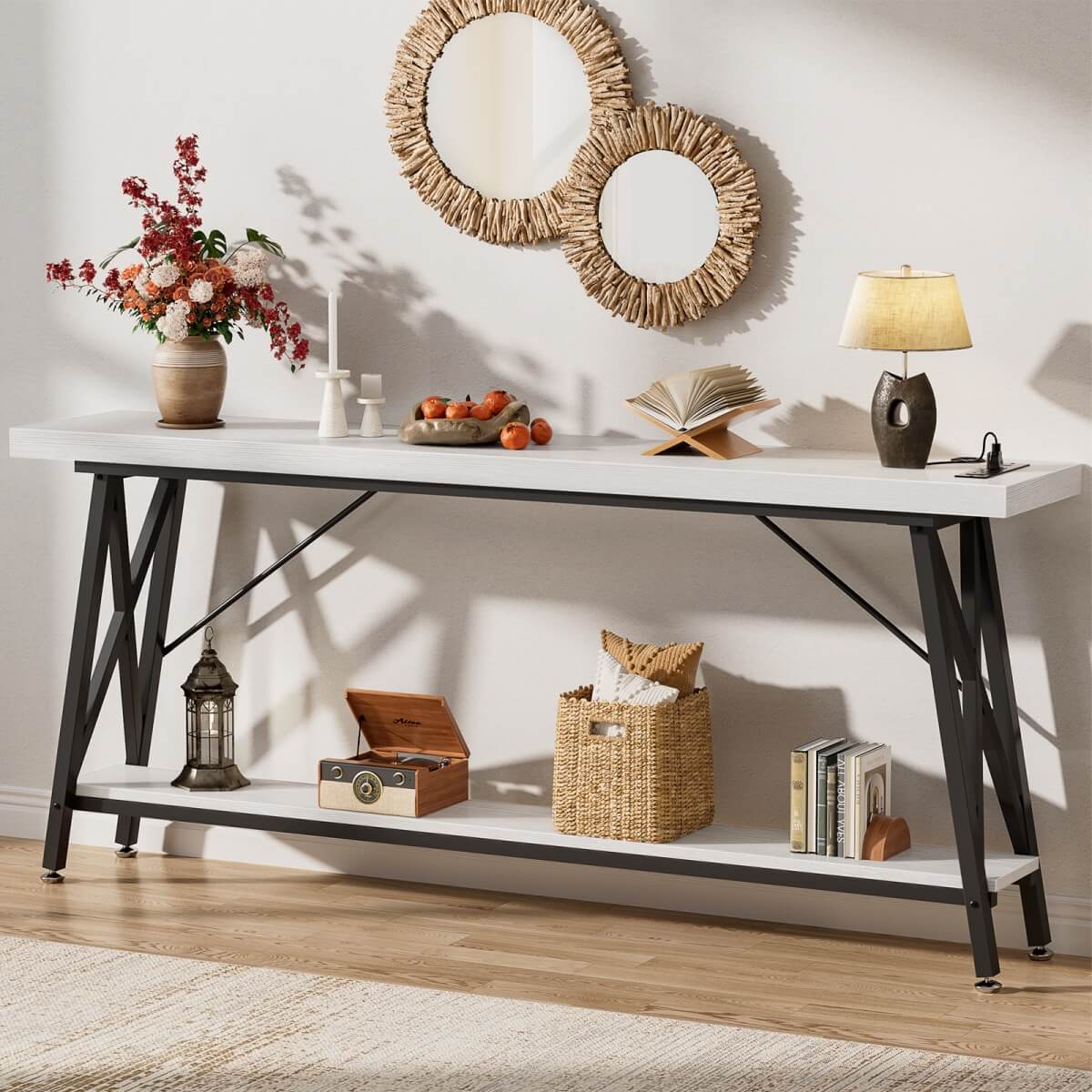 70.9'' Industrial Extra Long Console Table with Charging Station & Storage Shelf