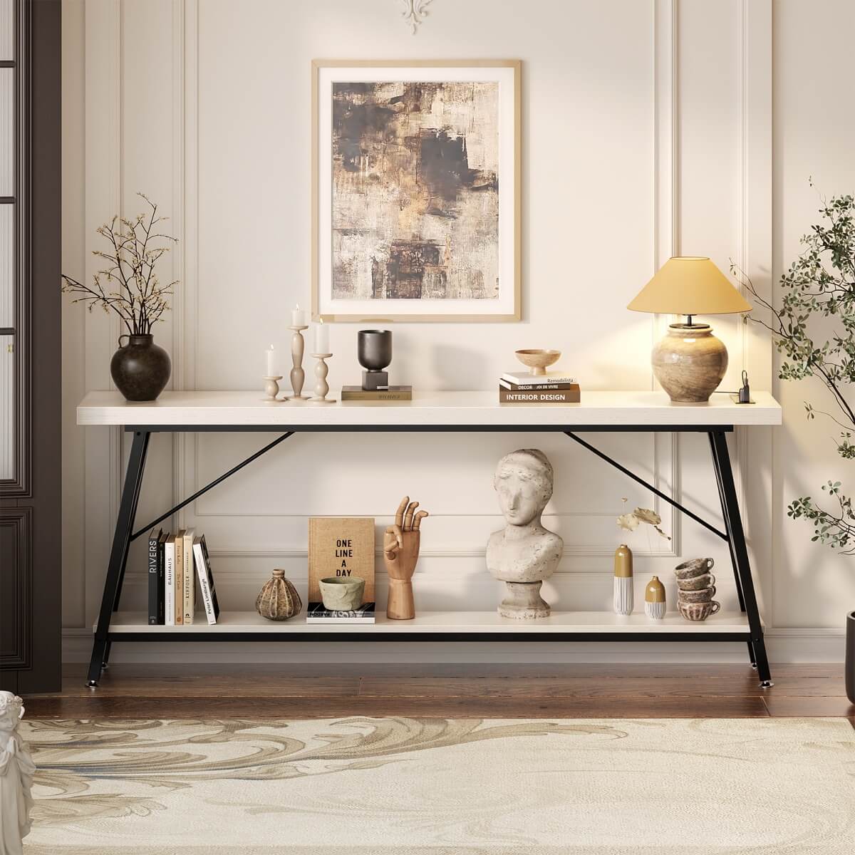 70.9'' Industrial Extra Long Console Table with Charging Station & Storage Shelf