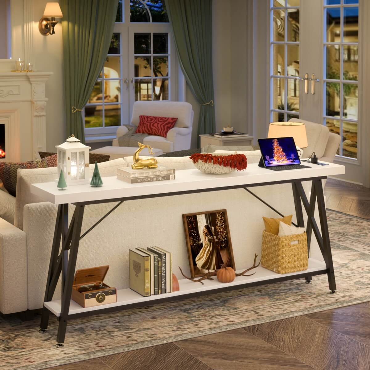 70.9'' Industrial Extra Long Console Table with Charging Station & Storage Shelf
