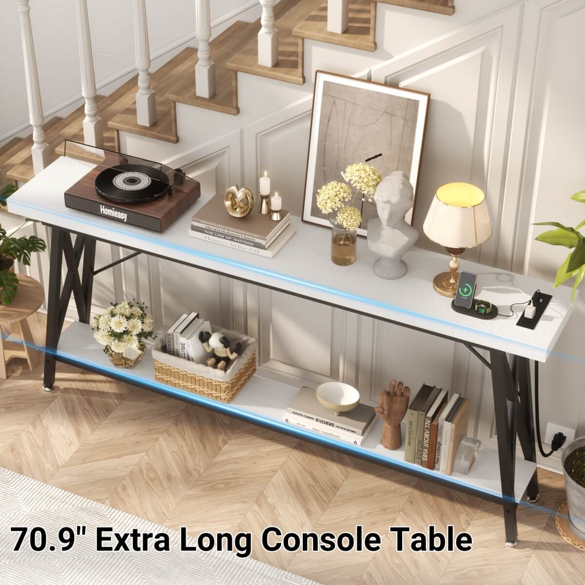 70.9'' Industrial Extra Long Console Table with Charging Station & Storage Shelf