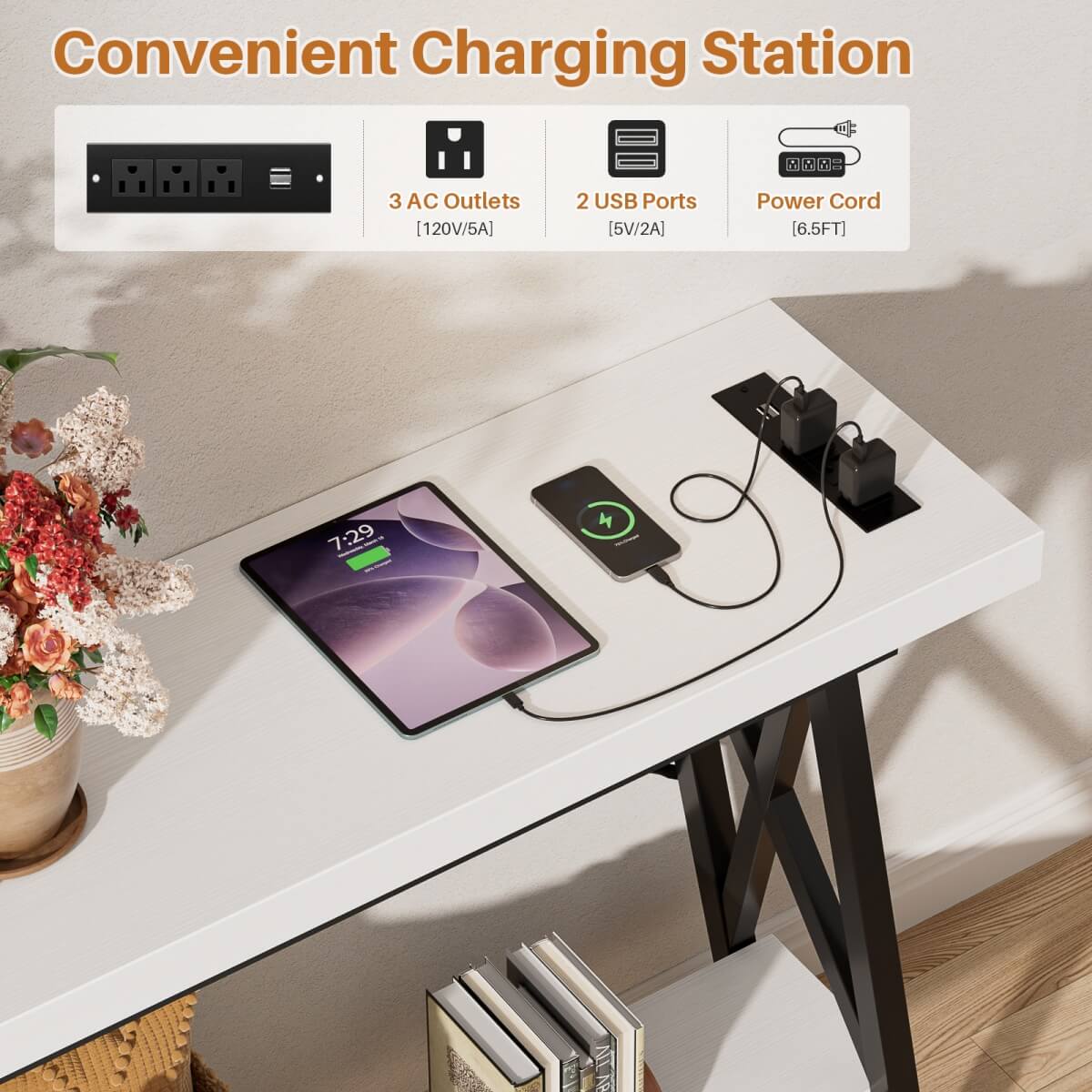 70.9'' Industrial Extra Long Console Table with Charging Station & Storage Shelf