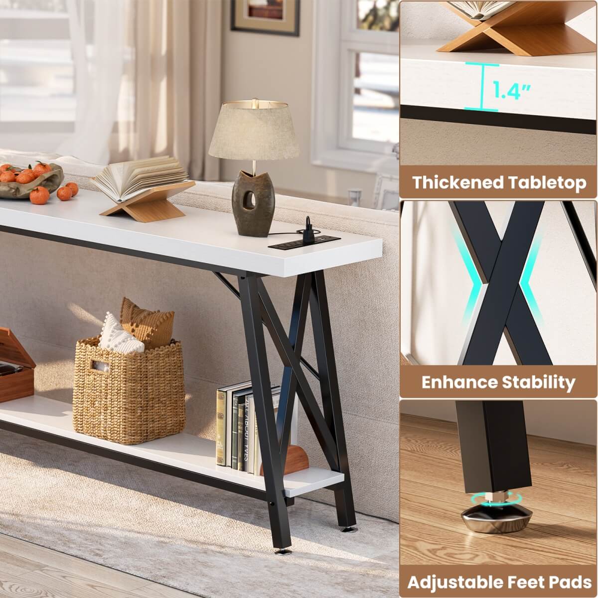 70.9'' Industrial Extra Long Console Table with Charging Station & Storage Shelf