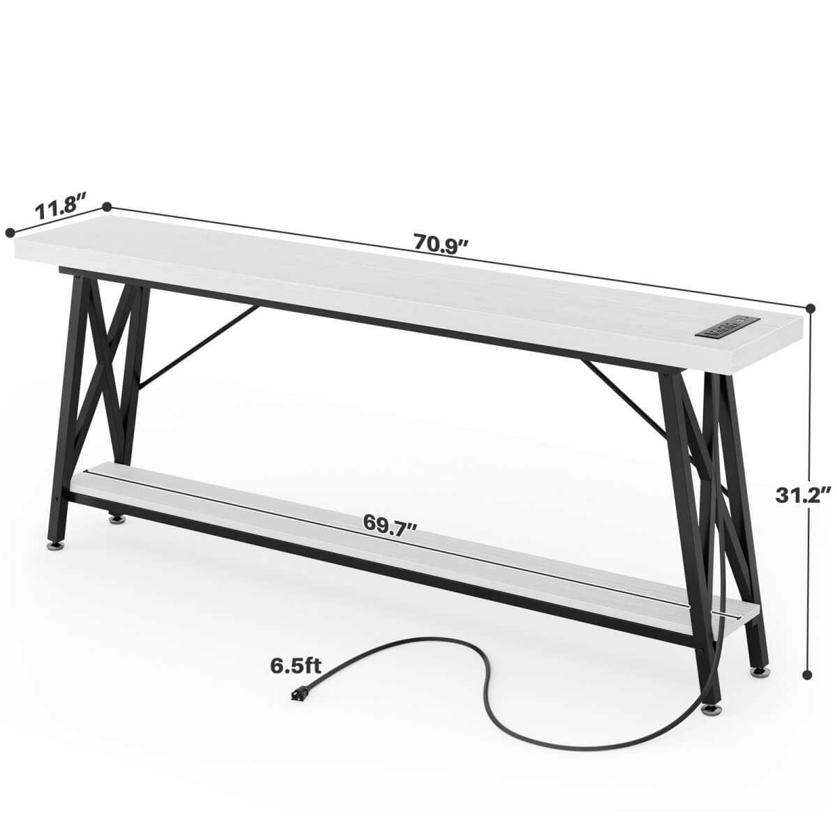 70.9'' Industrial Extra Long Console Table with Charging Station & Storage Shelf