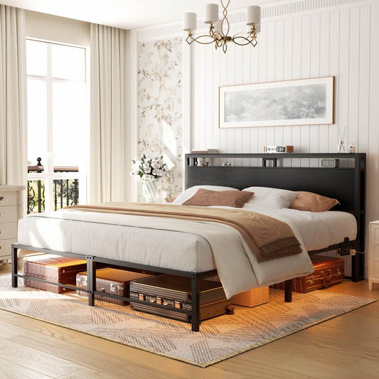 King Size Metal Platform Bed Frame with Headboard, Power Outlet, LED Lights