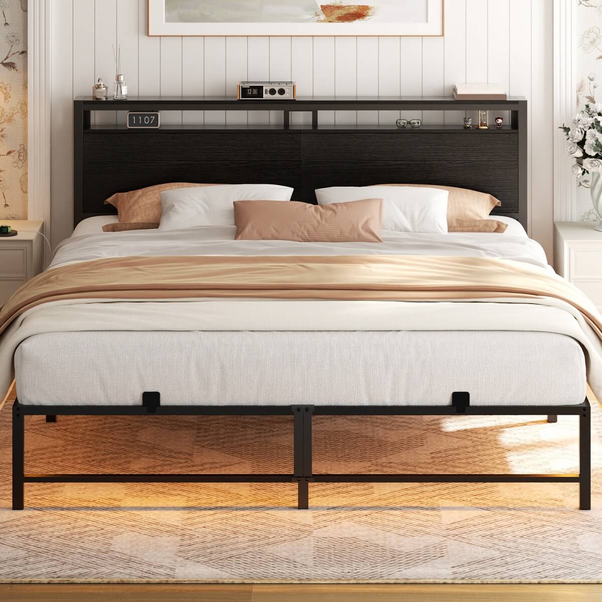 King Size Metal Platform Bed Frame with Headboard, Power Outlet, LED Lights