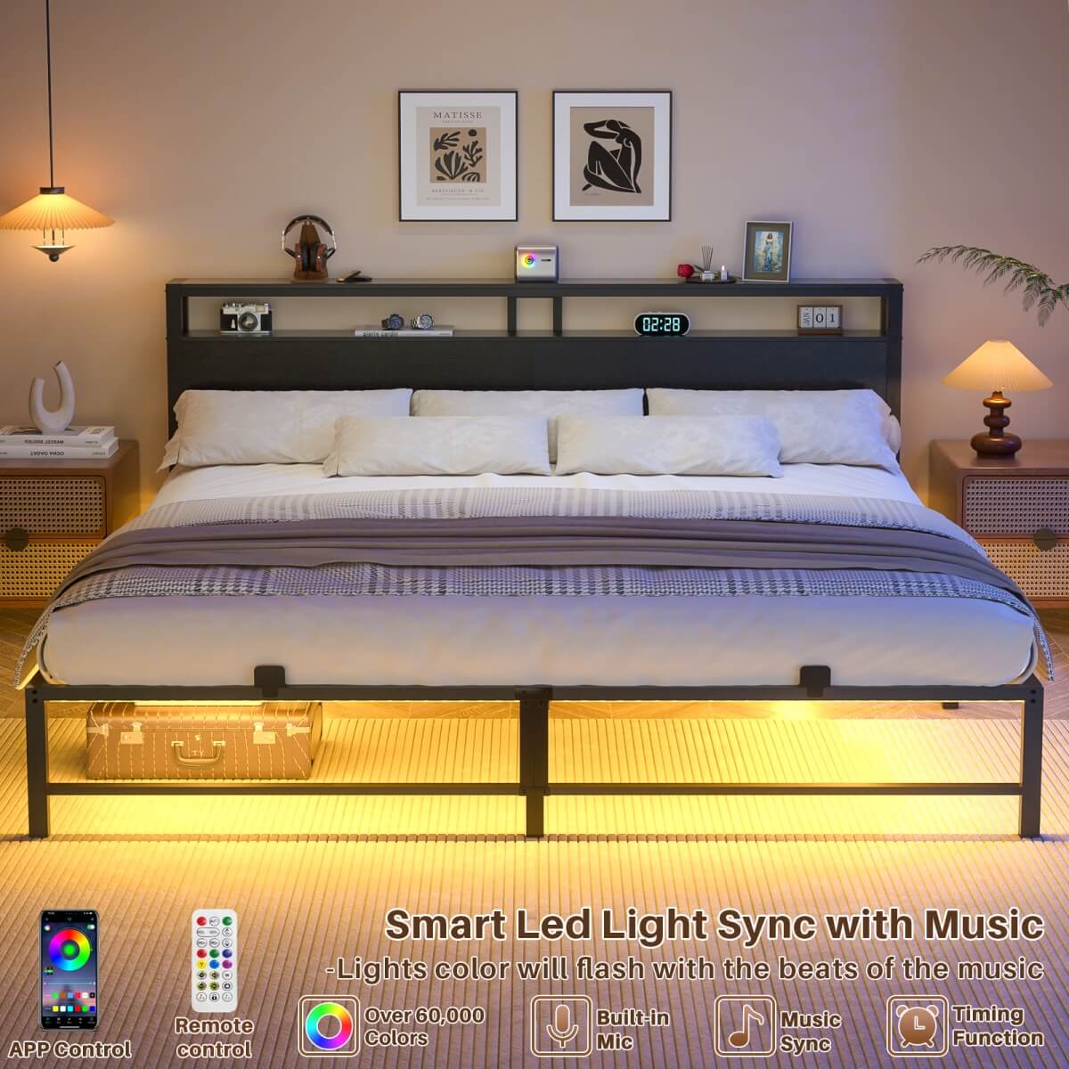 King Size Metal Platform Bed Frame with Headboard, Power Outlet, LED Lights