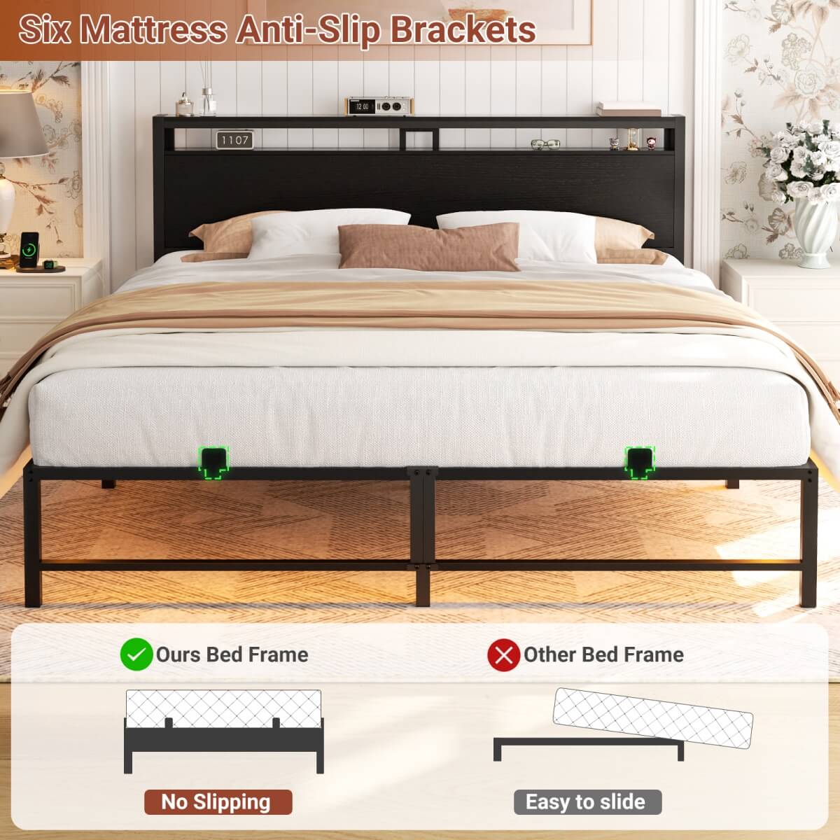 King Size Metal Platform Bed Frame with Headboard, Power Outlet, LED Lights