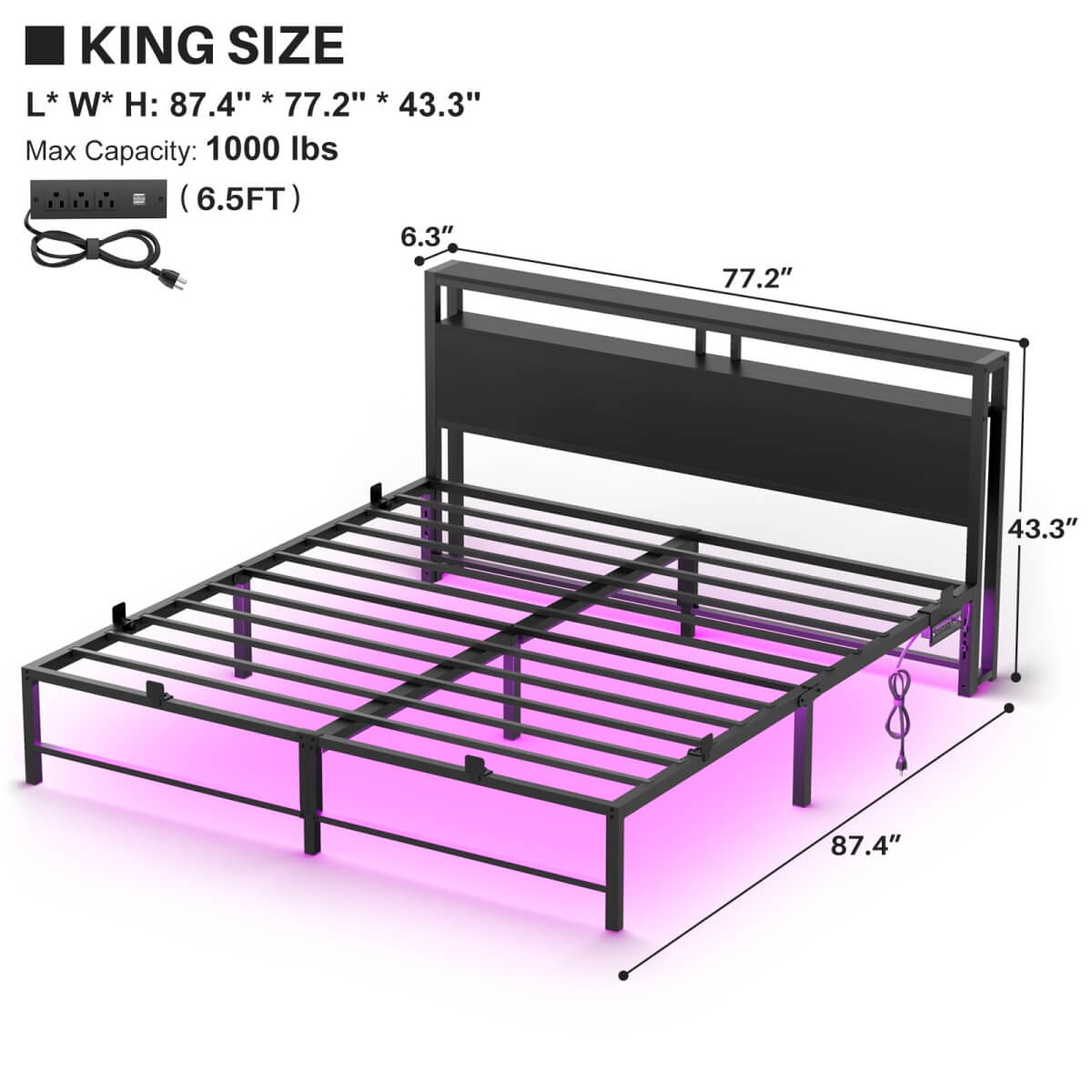 King Size Metal Platform Bed Frame with Headboard, Power Outlet, LED Lights