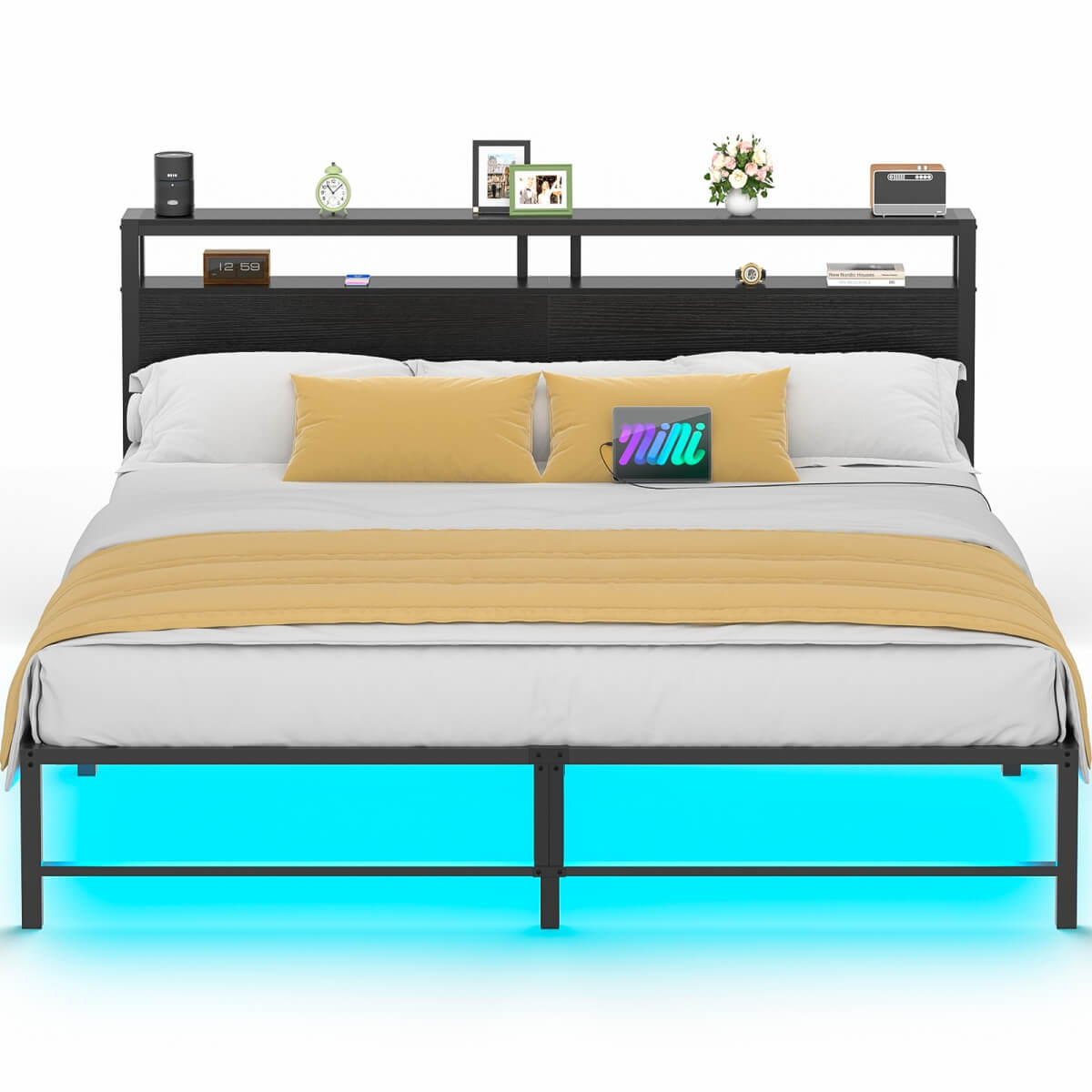 King Size Metal Platform Bed Frame with Headboard, Power Outlet, LED Lights