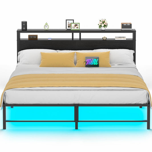 King Size Metal Platform Bed Frame with Headboard, Power Outlet, LED Lights