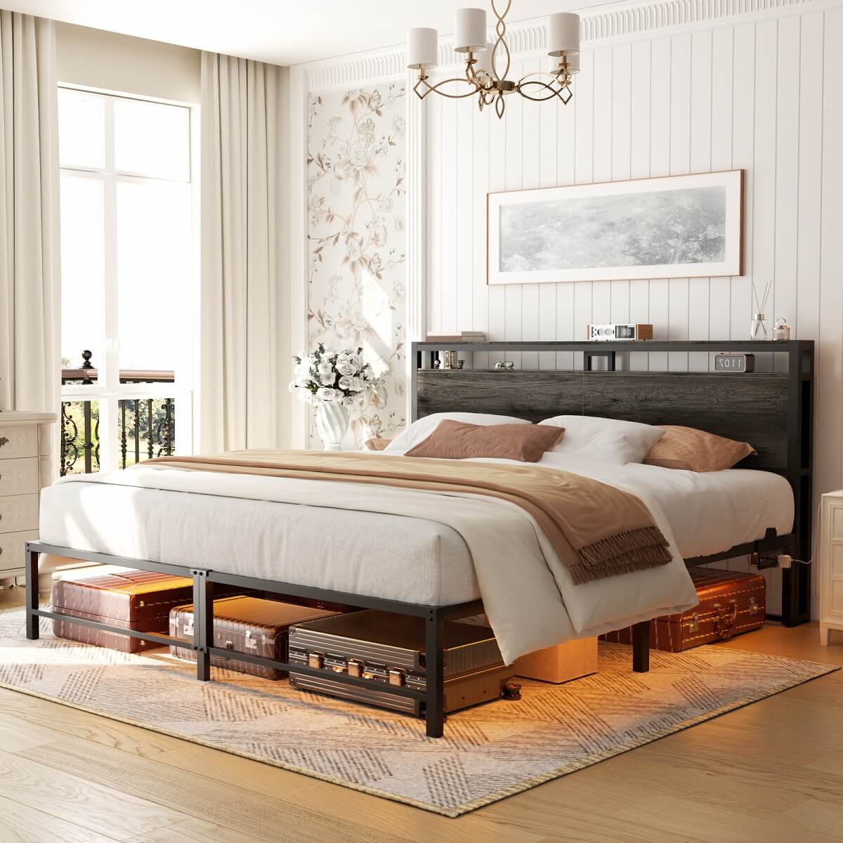 King Size Metal Platform Bed Frame with Headboard, Power Outlet, LED Lights