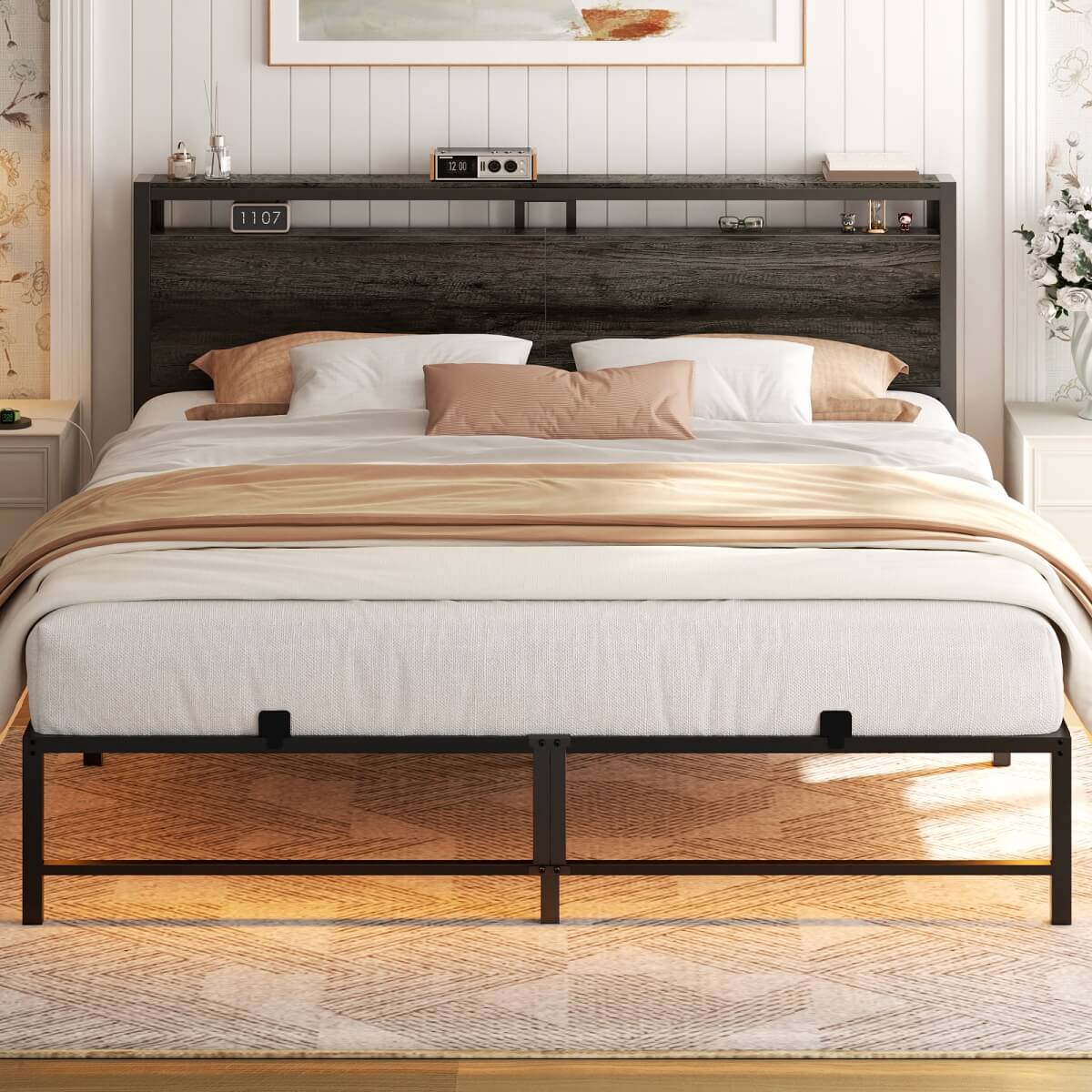 King Size Metal Platform Bed Frame with Headboard, Power Outlet, LED Lights