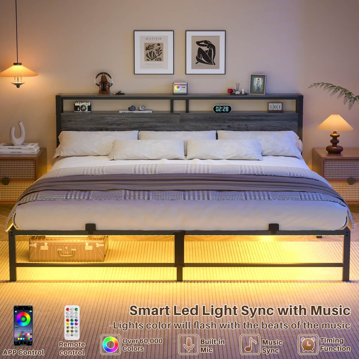 King Size Metal Platform Bed Frame with Headboard, Power Outlet, LED Lights