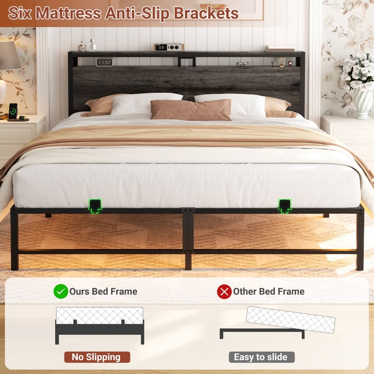 King Size Metal Platform Bed Frame with Headboard, Power Outlet, LED Lights